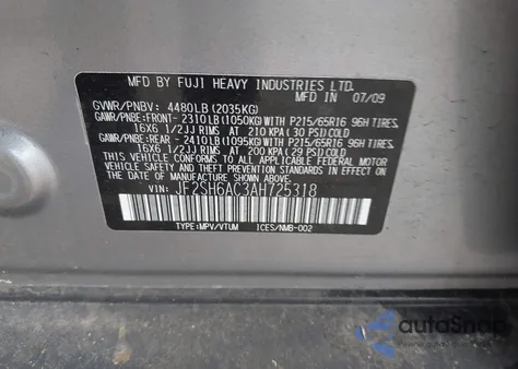 2010 Subaru Forester 2.5X from USA, damaged, VIN JF2SH6AC3AH725318